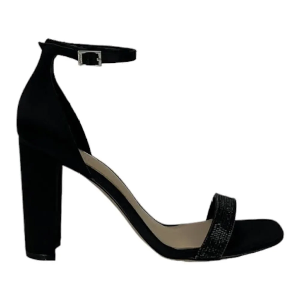 New Women Jewel Badgley Mischka Black Satin Block Heel Sandals US 8.5